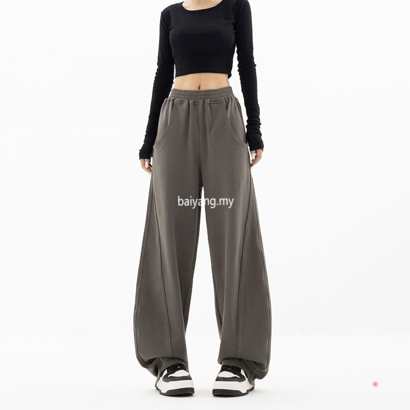 Korean Fashion Oversized Gray Sports Pants For Women High Waist