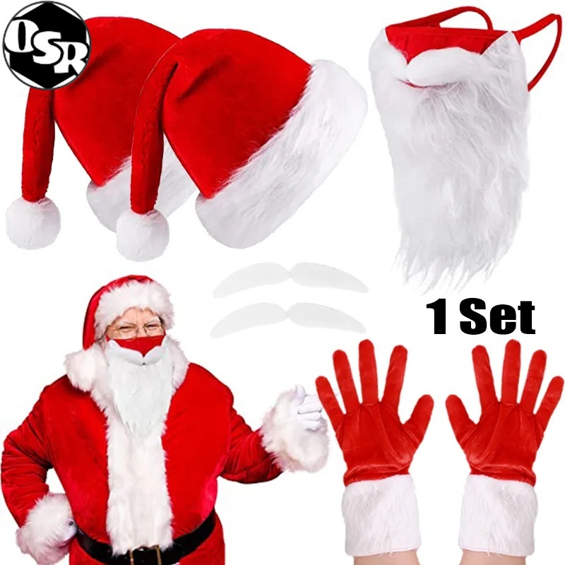 OSR Christmas Cosplay Santa Claus Beard Mask Xmas Hat Eyebrow Gloves