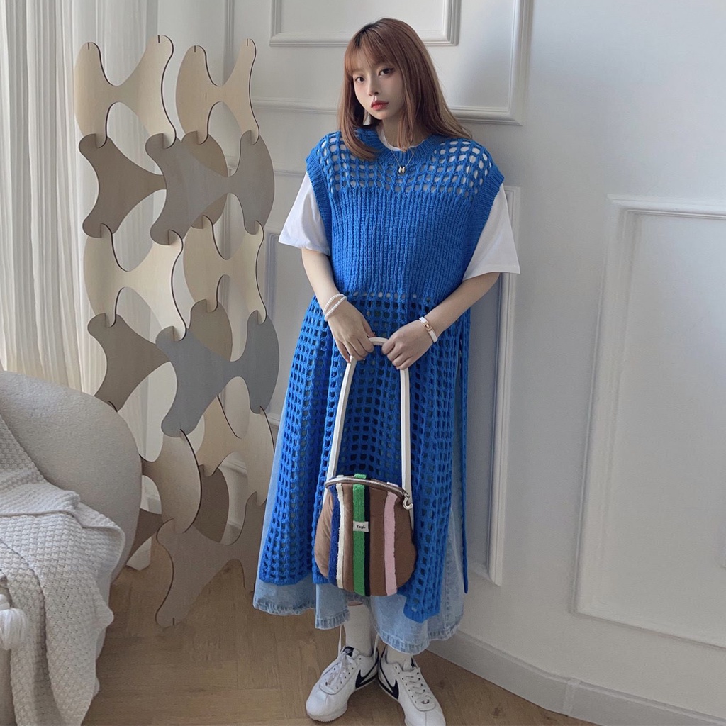 READY STOCKSpring New Women's Korean Style Sleeveless Knitted Dress Loose  Slit Vest Dress Women's Hollow Long Dress | Shopee Malaysia