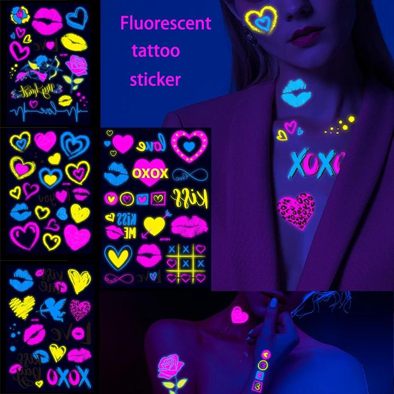 Fluorescent Heart Love Pattern Fake Tattoo Festival Masquerade Party