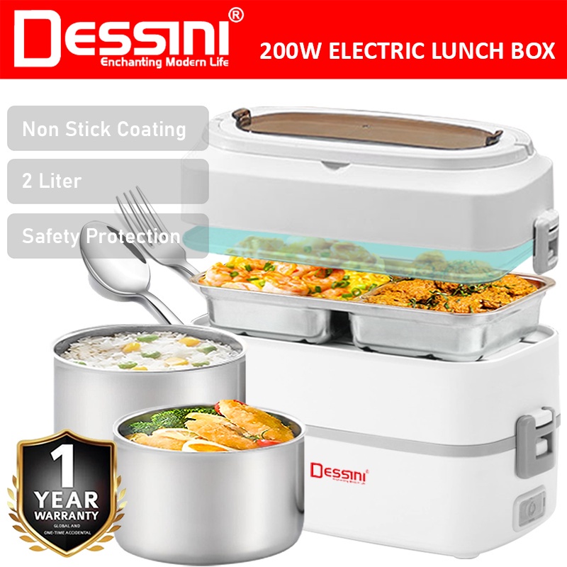 DESSINI 2 liter Electric Lunch Box Steamer Warmer Rice Cooker Non Stick Stainless Steel Periuk
