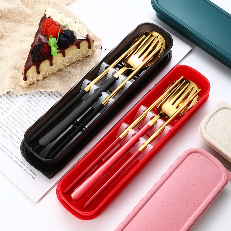 Stainless Steel Tableware Three-Piece Set Portable Tableware Set Box ...