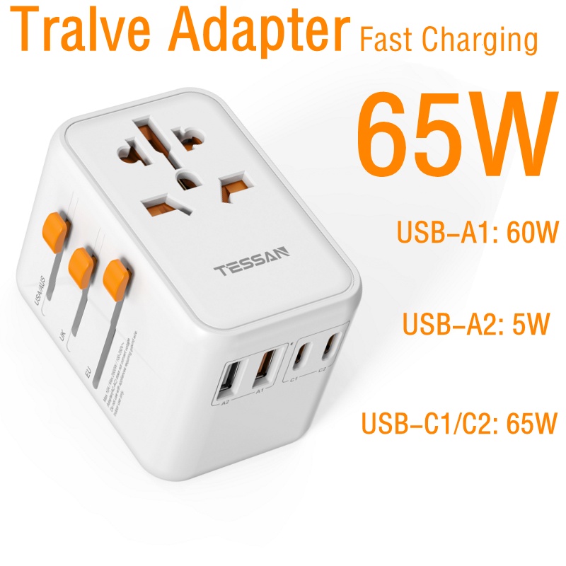 TESSAN Universal Travel Adapter GaN III 65W with 2 USBC+ 60W USB A PD