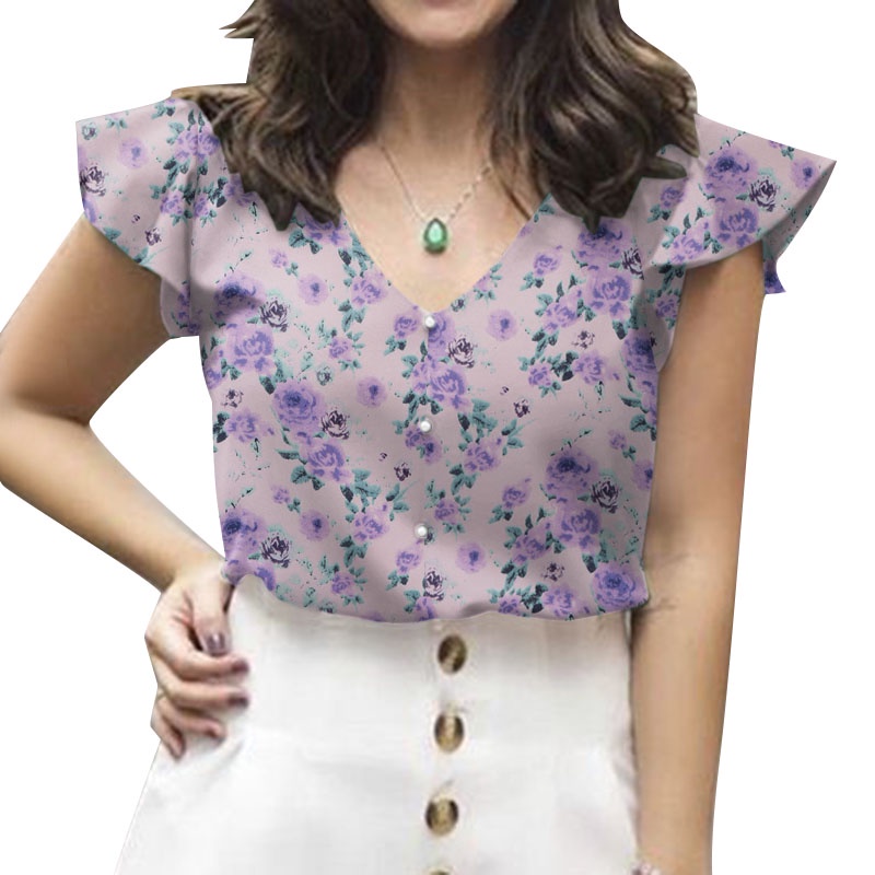 Purple Floral Print Ruffle V outlets Neck Crop Sleeve Blouse, Women's Tops, Women's Clot