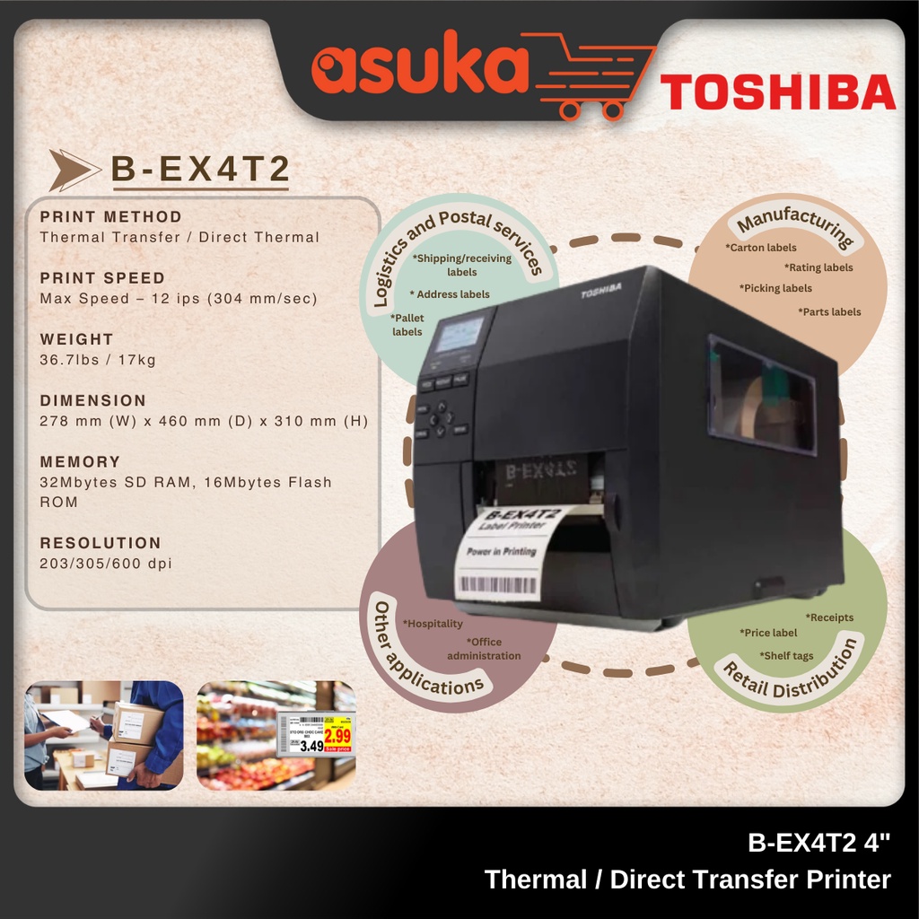 Toshiba B-EX4T2 4" Thermal Transfer / Direct Transfer Printer (Flat ...