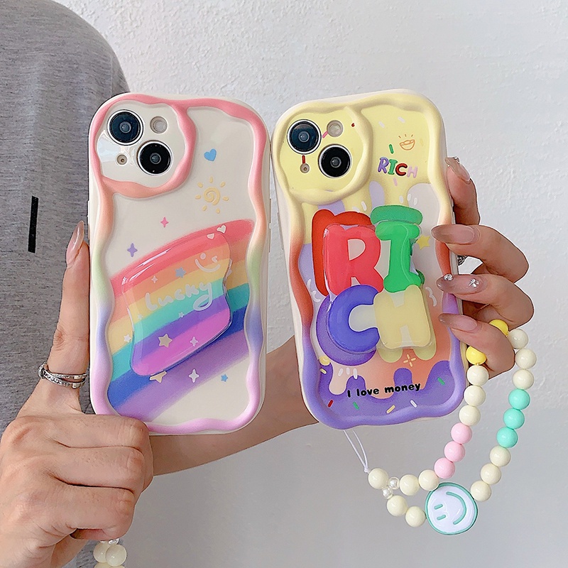 INS Curly Wave Edge Cream Rainbow Phone Holder Case For Samsung Galaxy A51  A03 A02S A03S A10 A10S A11 A04S A21S A13 Lite M02S M10 Casing Smiling face 