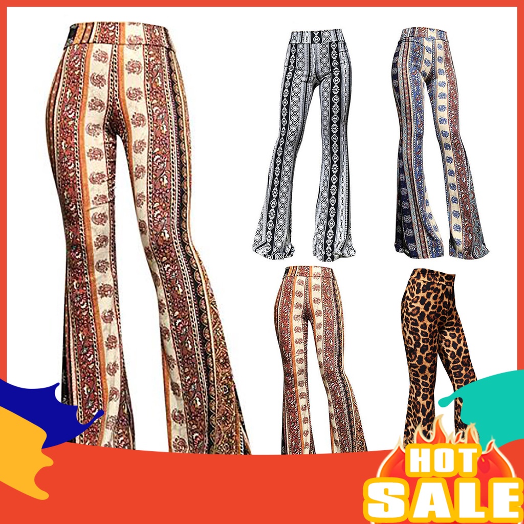 LU-Women Long Pants Vintage 70s Flared Hem Leopard Print High
