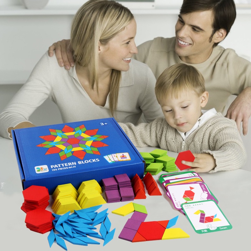 GEMEM 155 Pcs Wooden Pattern Blocks Set Geometric Shape Puzzle ...