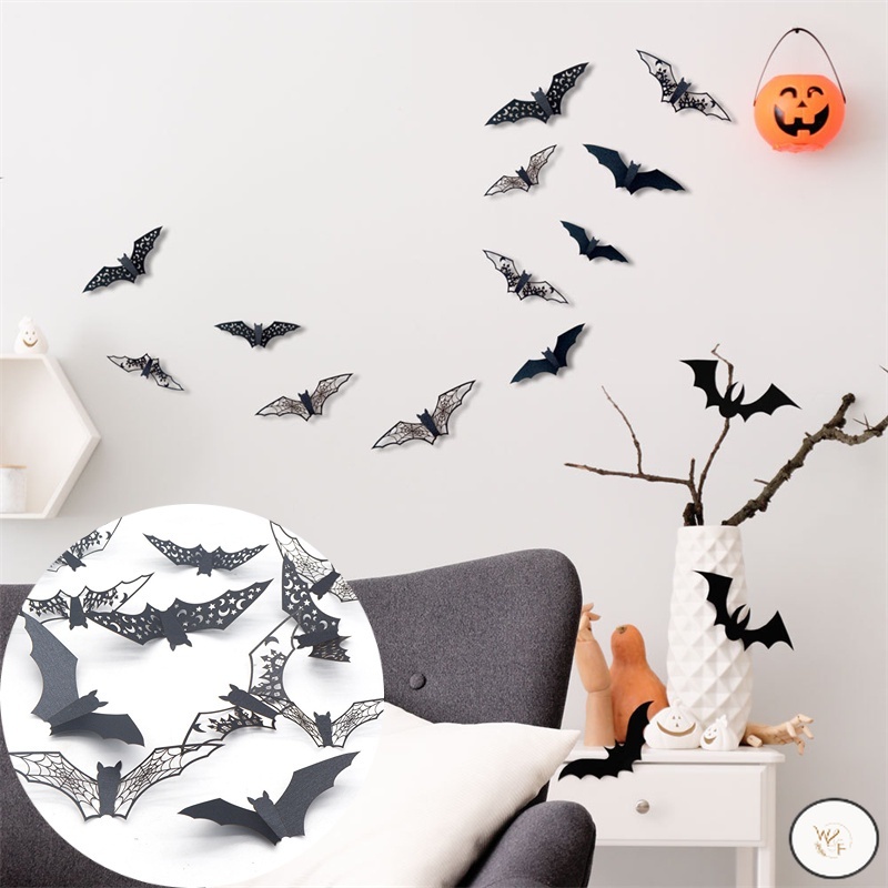 48-Pack Halloween 3D Bat Decorations – Glow In Dark Eyes, 8 Styles, Removable PVC Wall Stickers For Indoor/Outdoor