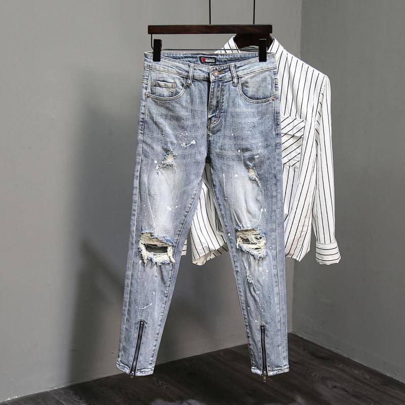 Ripped Pants Men's Spring and Summer New Jeans Slim Fit Skinny ...