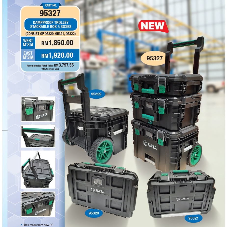 Sata 95327 Heavy Duty Damproof Trolley Stackable Tool Box 3 Levels (20 ...