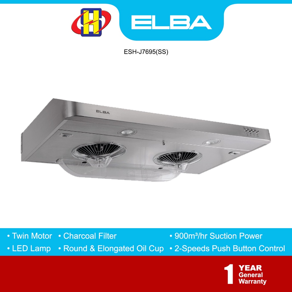 Elba Cooker Hood Twin Motor With LED Lamp Charcoal Filter Slim Hood ESH