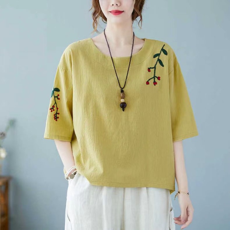 Cotton and Linen Short-sleeved Women's Embroidery Loose Slim Round Neck ...