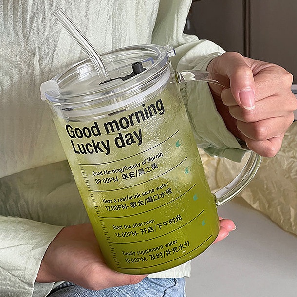 Ins Style 1000ml Glass Cups With Lid And Straw Cute Coffee Mugs Big