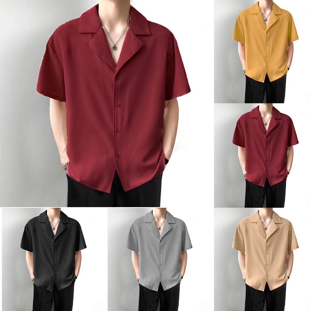 【6 Color/M-3XL】Korean Style Cuba Collar Short Sleeve Shirt Men's Ice ...