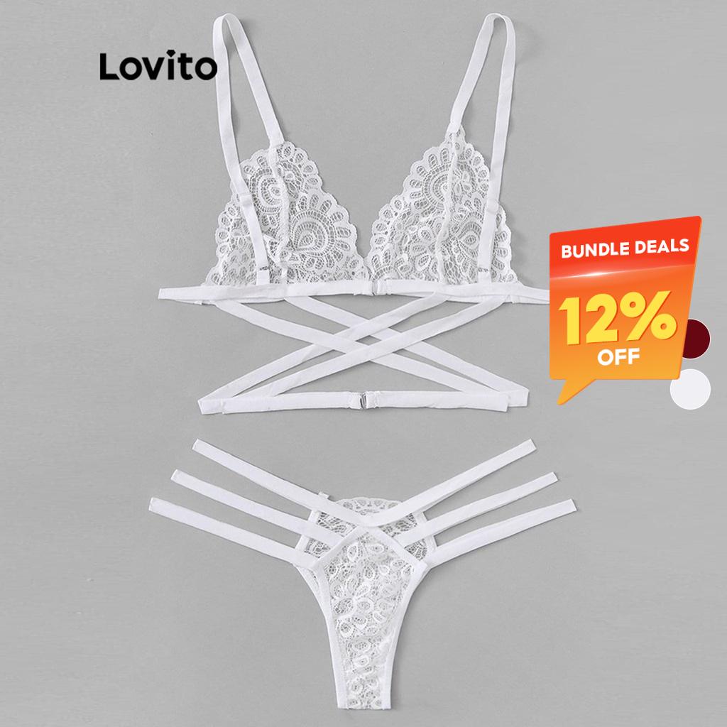 Lovito Sexy Lingerie Lace Bra and Panty Set for Women L00003 (White/Red  Wine) Lovito Set Lingerie Seksi Bra Renda dan Celana Dalam untuk Wanita