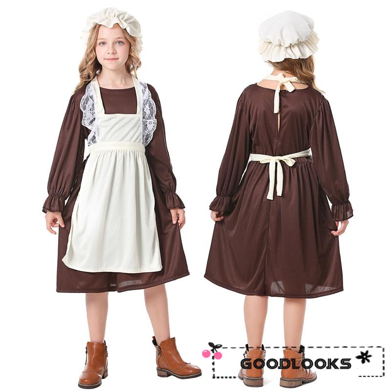 goodlooksVictorian Maid Costume for Girls Medieval Dress with Mop Cap