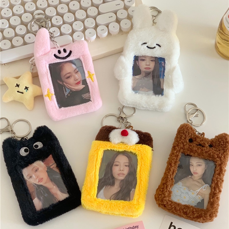 Korean Cute Cartoon Plush Card Holder with Keychain Campus Card Bag ...