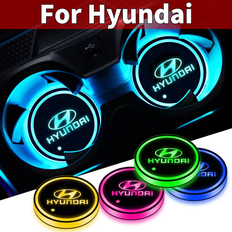 2Pcs Led Car Logo Light Luminous Coaster Drinks Light For Hyundai i10 ...