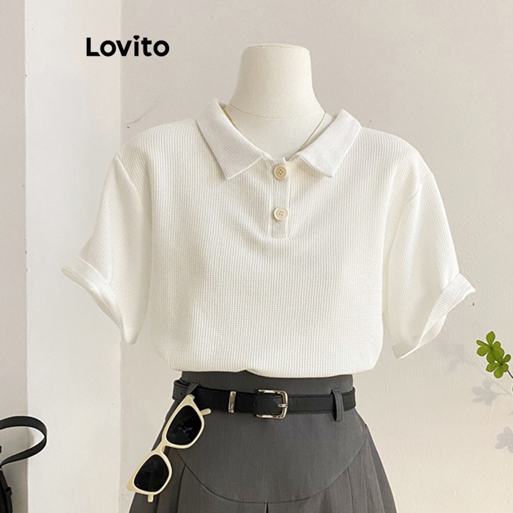 Lovito Casual Plain -Waffle Knit -Polo T-Shirt for Women L68ED039 ...