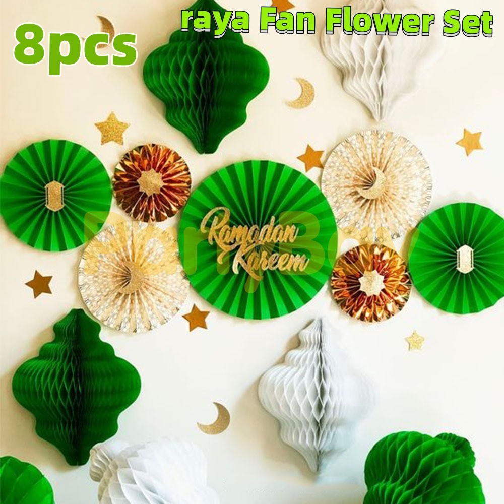 8pcs 2024 Hari Raya Indoor Decoration Eid Paper Fan Flower Set Backdrop ...