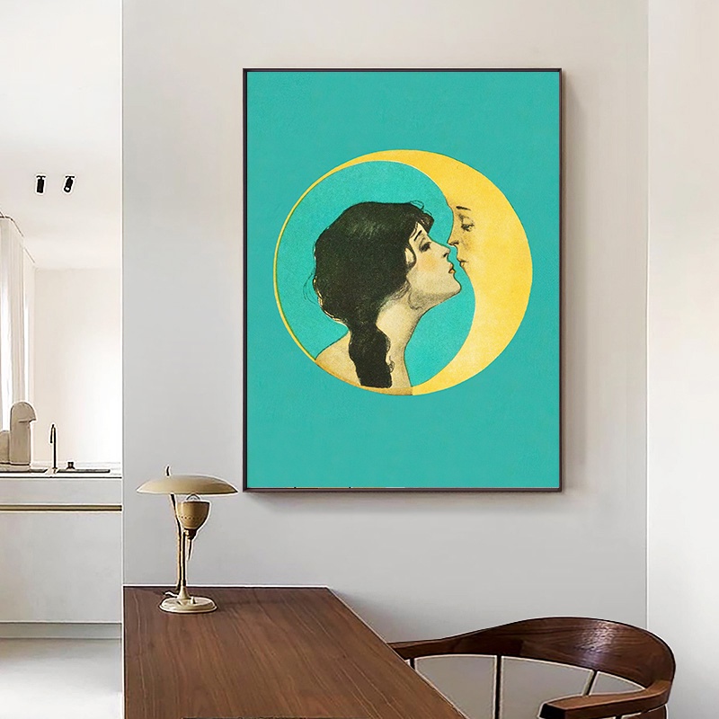 Funny Girl Kissing Moon Poster Canvas Painting Vintage Moon Face Wall
