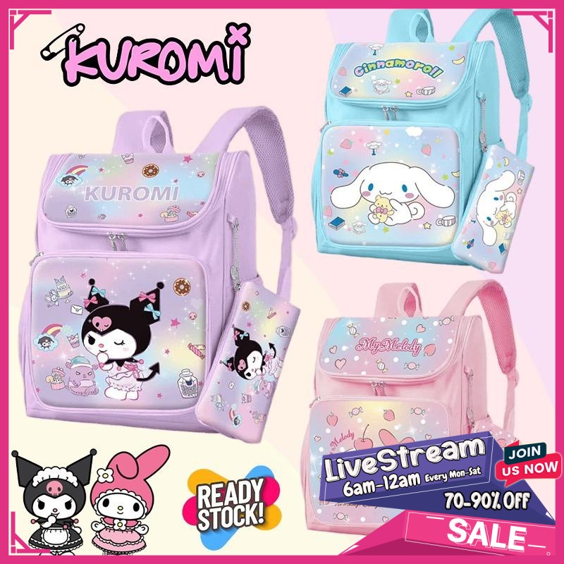 (B680) 38cm KUROMI Sanrio School Bag for Girls Melody Cinnamoroll Beg ...