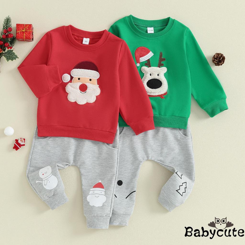 BBToddler Boys Christmas Outfits Santa/Elk Fuzzy Embroidery Long