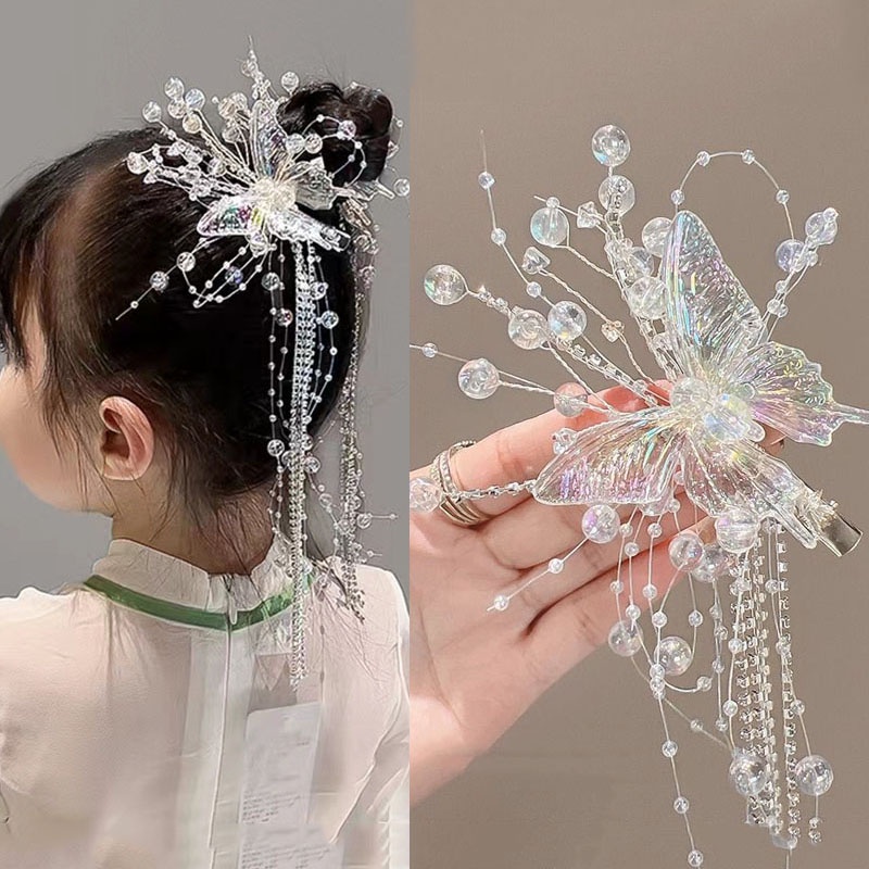 Super Fairy Butterfly Tassel Hair Clip Girls Crystal Mori Princess ...