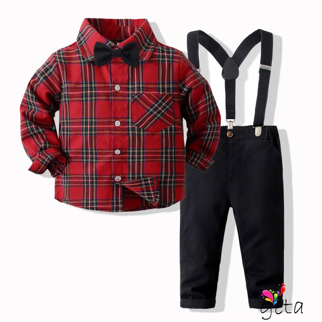 LJW Baby Boys Christmas 2Pcs Gentleman Set Outfits Long Sleeve Plaid Shirt Suspender Pants Shopee Malaysia