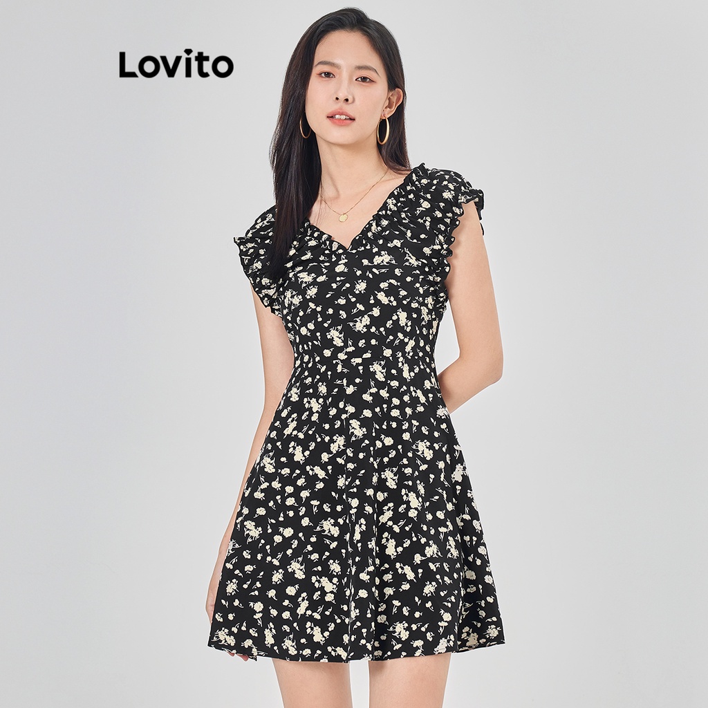 Lovito Casual Ditsy Floral Ruched Dress For Women L Ed Black