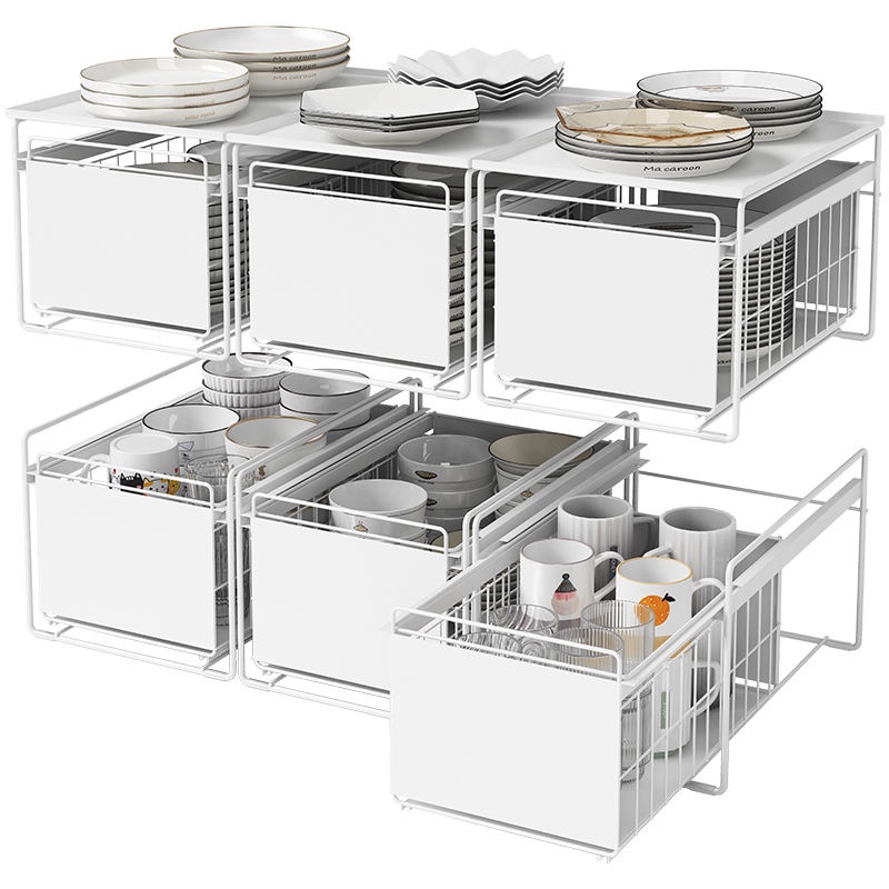 Telescopic storage rack, pull-out storage rack, kitchen double-layer ...