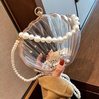 Wholesale Luxury designer pearl bag clear transparent acrylic beaded box  totes bag women party vintage woven handbag From m.