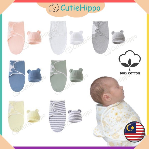 (Plain Colour) Newborn Baby Cotton Swaddle with Hat Kain Bedung Bayi ...