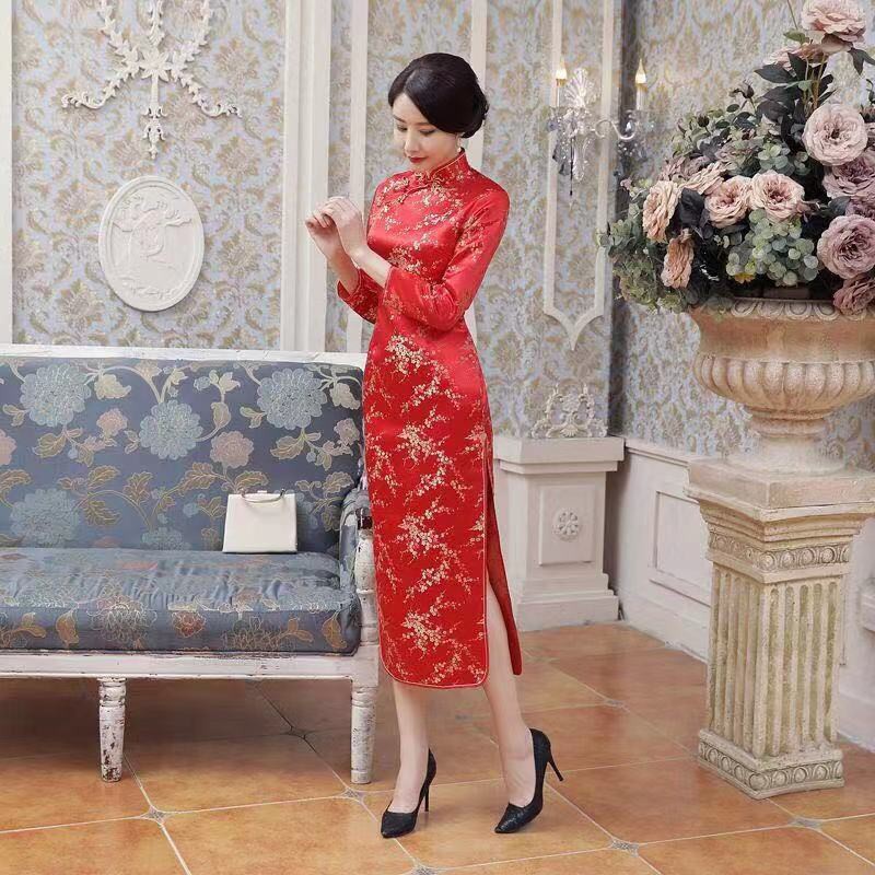 burgundy chinese dress Burgundy Vintage Flocked Velvet Cheongsam – Modern Dance-Inspired Qip Burgundy (with chest pads and leggings) / M
