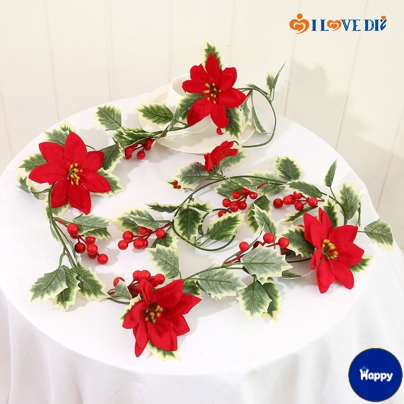 HS 2M Long Artificial Poinsettia Flowers Holly Leaf Vine/ Fake Red