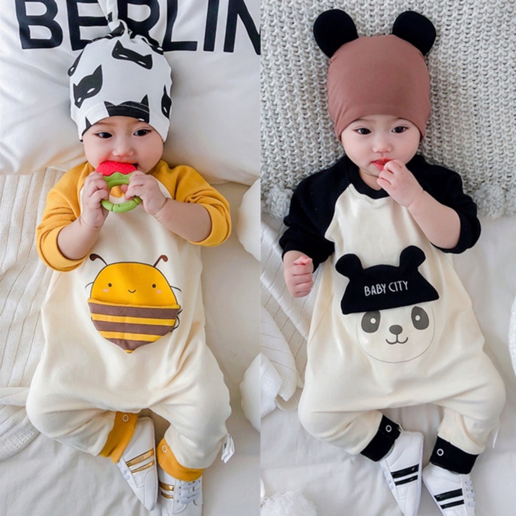 Spring and Autumn New Baby Clothes Boys and Girls Long-sleeved Onesie 0-24  Months Newborn Baby Pure Cotton Color Matching Cartoon Panda Romper Korean 
