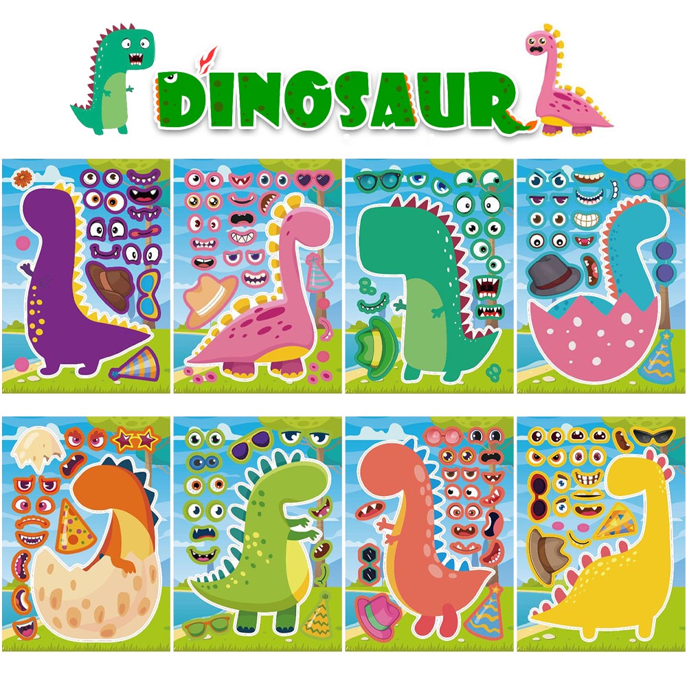 8PCS Cute Cartoon Funny Little Dinosaur Series Puzzle DIY Face Stickers ...