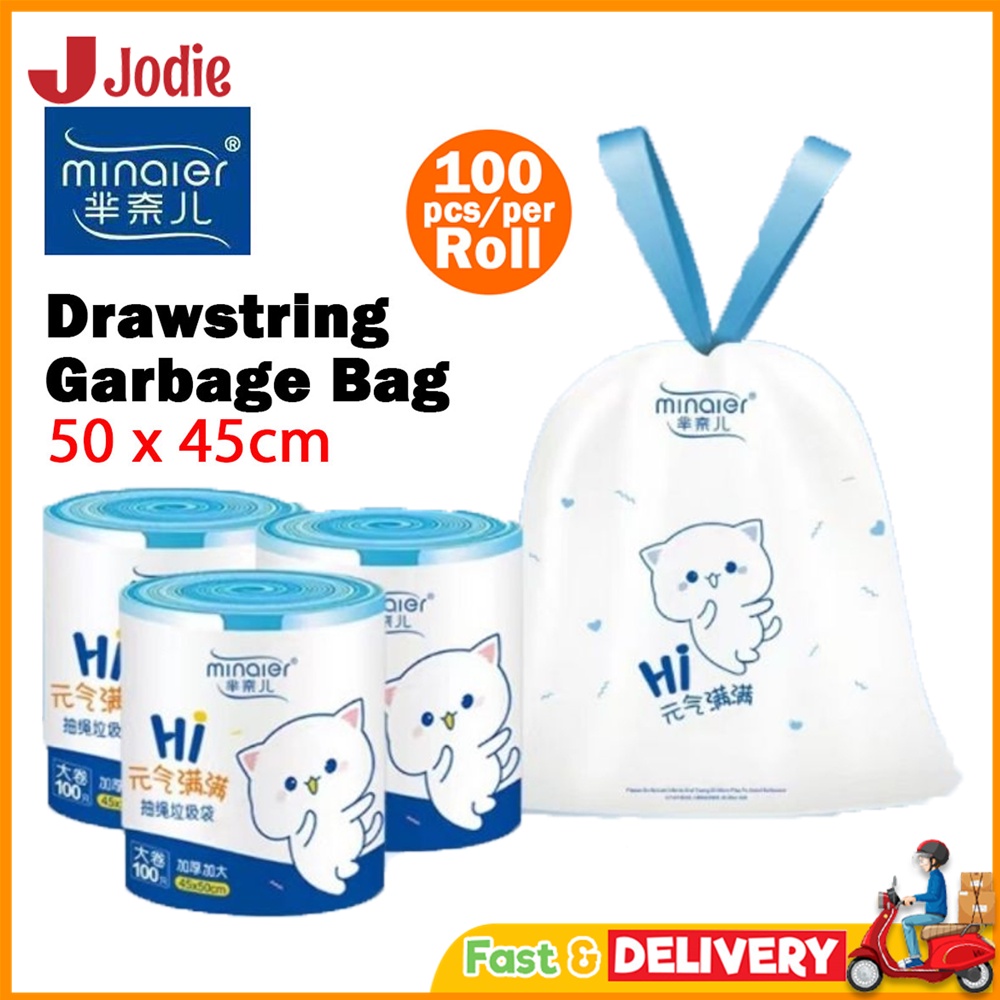 100Pcs/1Roll Beg sampah dengan tali pengetat, beg sampah plastik ...
