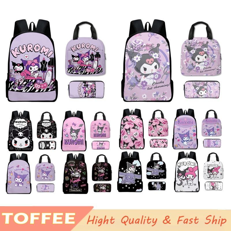 Sanrio Cute Kuromi Backpack Lunch Bag Pencil Case 3Pcs Set School Bag ...