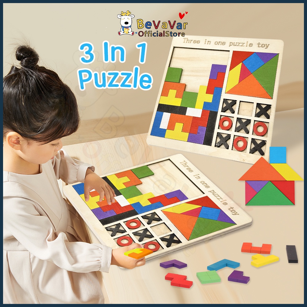 BEVAVAR 3 IN 1 Russian Puzzle Tetris Tangram Toys Wooden Blocks Kids ...
