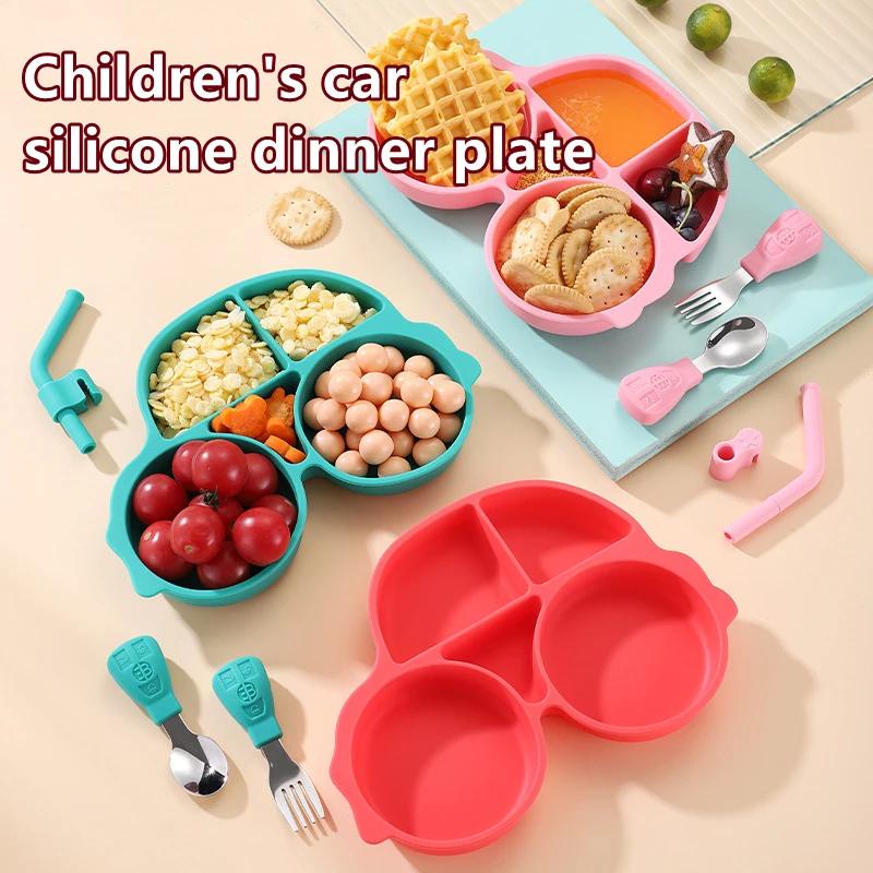 Baby Feeding Dish Silicone Suction Plates Cute Car Plate Kids NonSlip Feeding Plate Baby Food