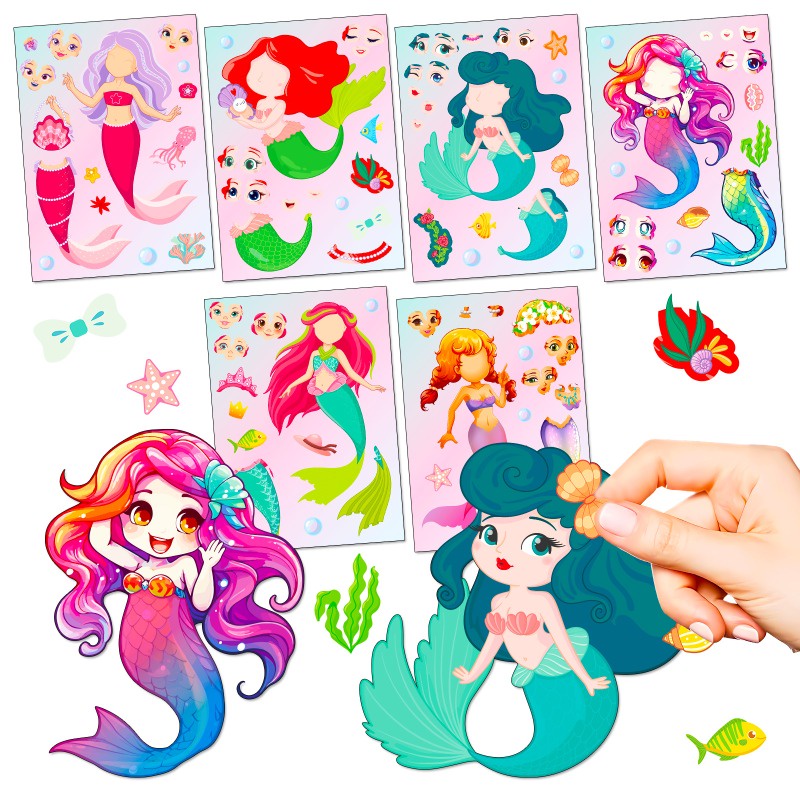 6 Pieces/set of Mermaid Princess Face Changing Stickers Cartoon ...