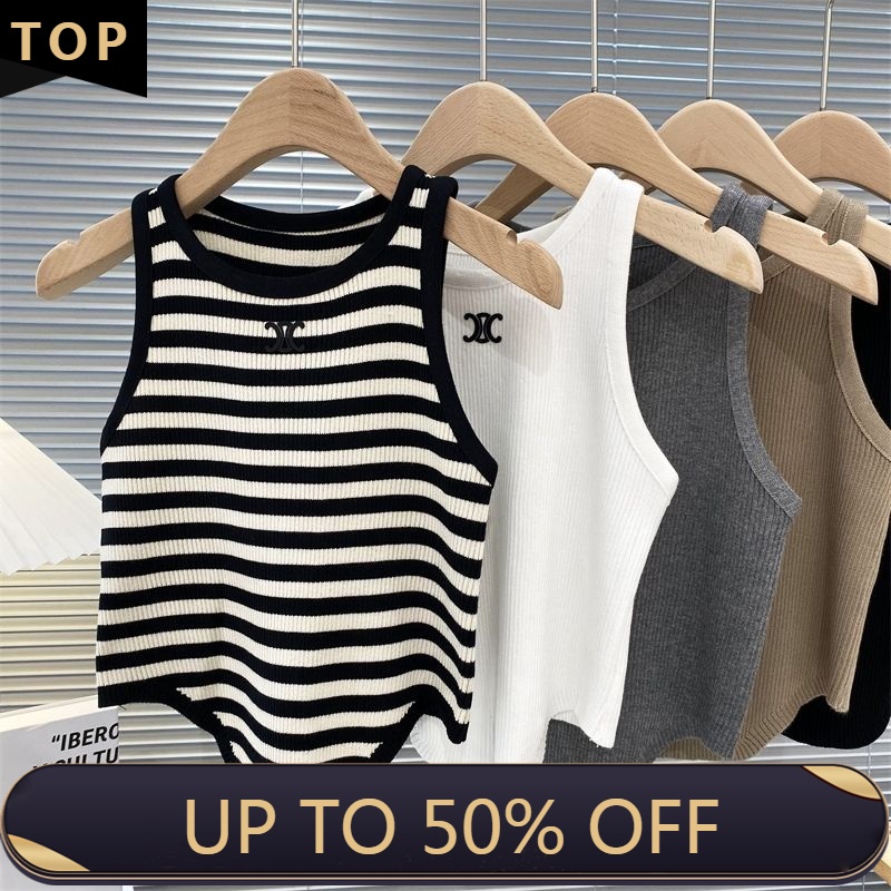 High Waisted Short Striped Ice Silk Tank Top for Women's Knitted Suspenders, Small Tank Top with