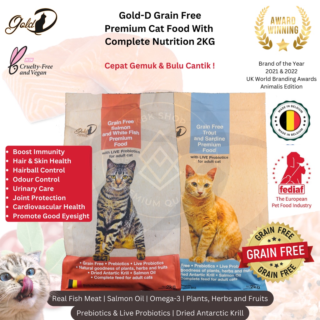 Gold D Makanan Kucing Grain Free Cat Food Booster Gemuk Kucing Cat Dry Food Cat Kibbles Premium Cat Food Salmon Oil 2kg