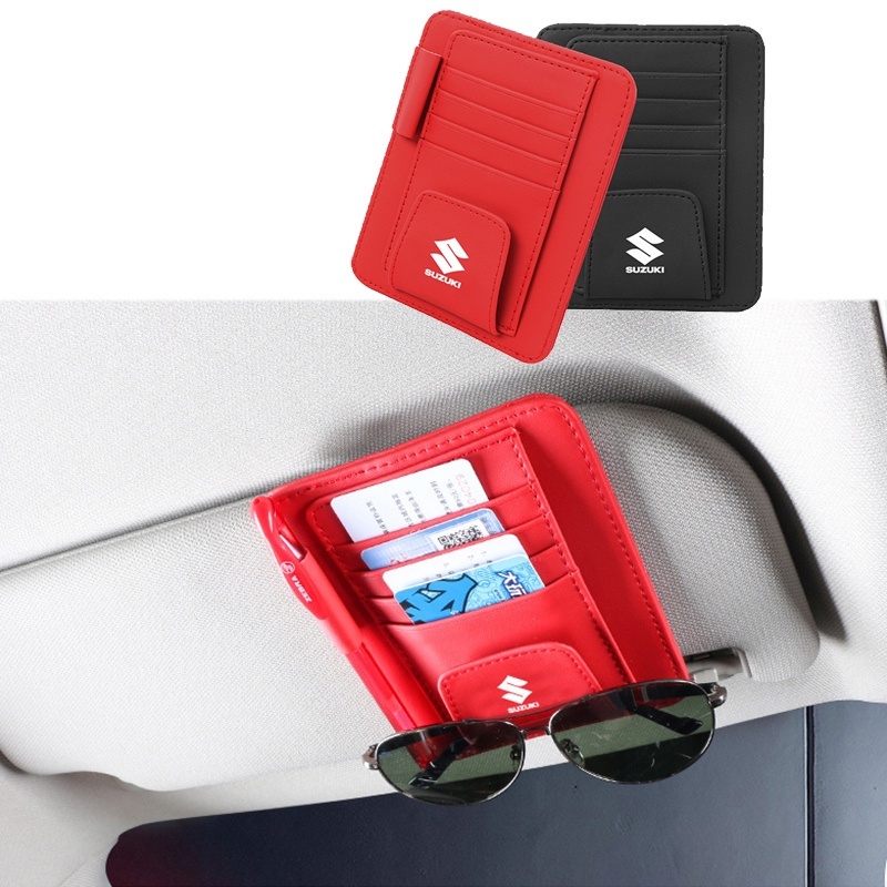 Car Sun Visor Card Pen Bill Organizer Leather Sunglasses Clip Holder For Suzuki Ertiga Swift