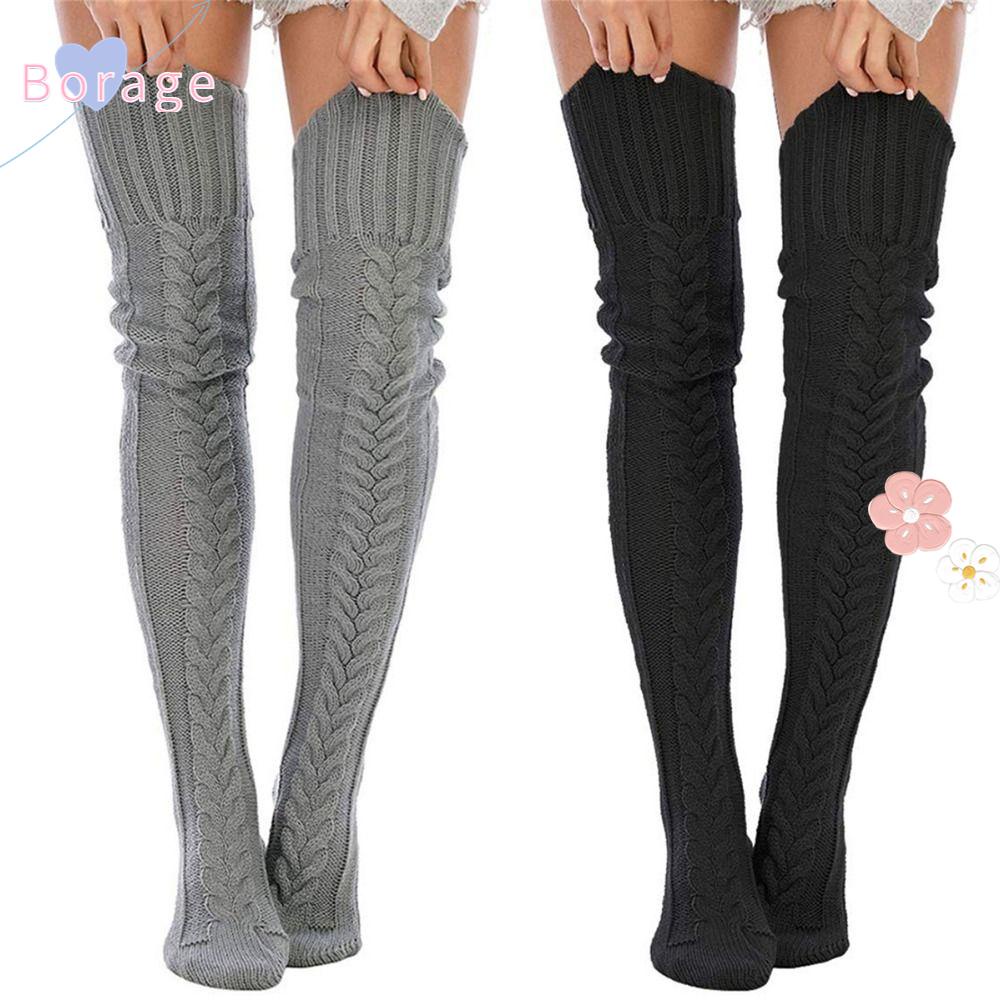 BORRAONE Thigh High Boot Socks, Extra Long Cable Knitted Over Knee Leg