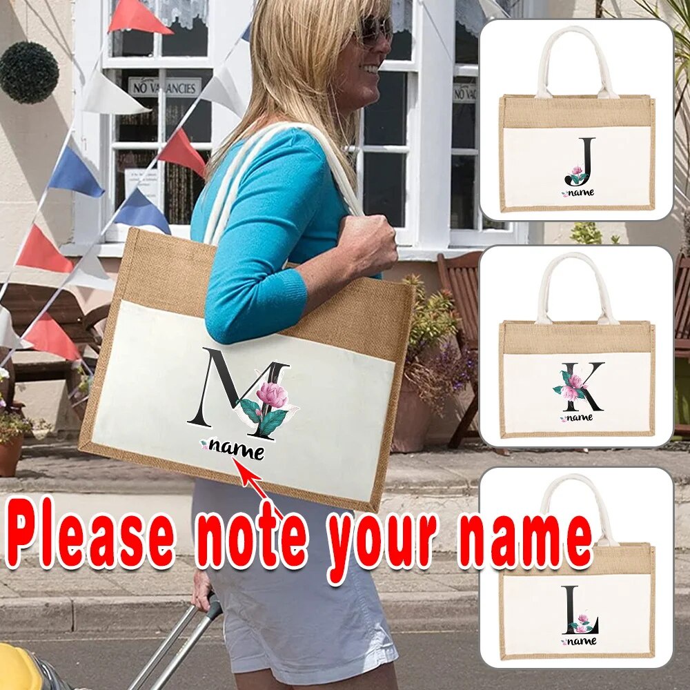 Custom name Jute Bag Large Capacity Women Linen Tote Bag Purses Portable Handbag Letter Eco Beach Bag