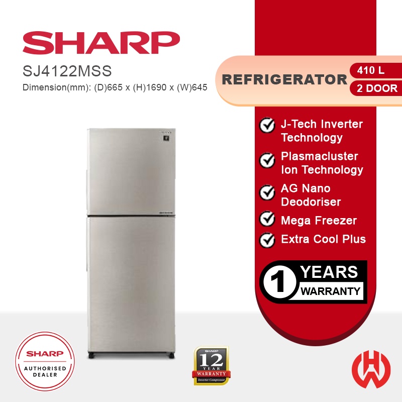 SHARP 410L J-TECH 2 DOORS TOP FREEZER INVENTER FOLIO REFRIGERATOR SJ4122MSS  | Shopee Malaysia