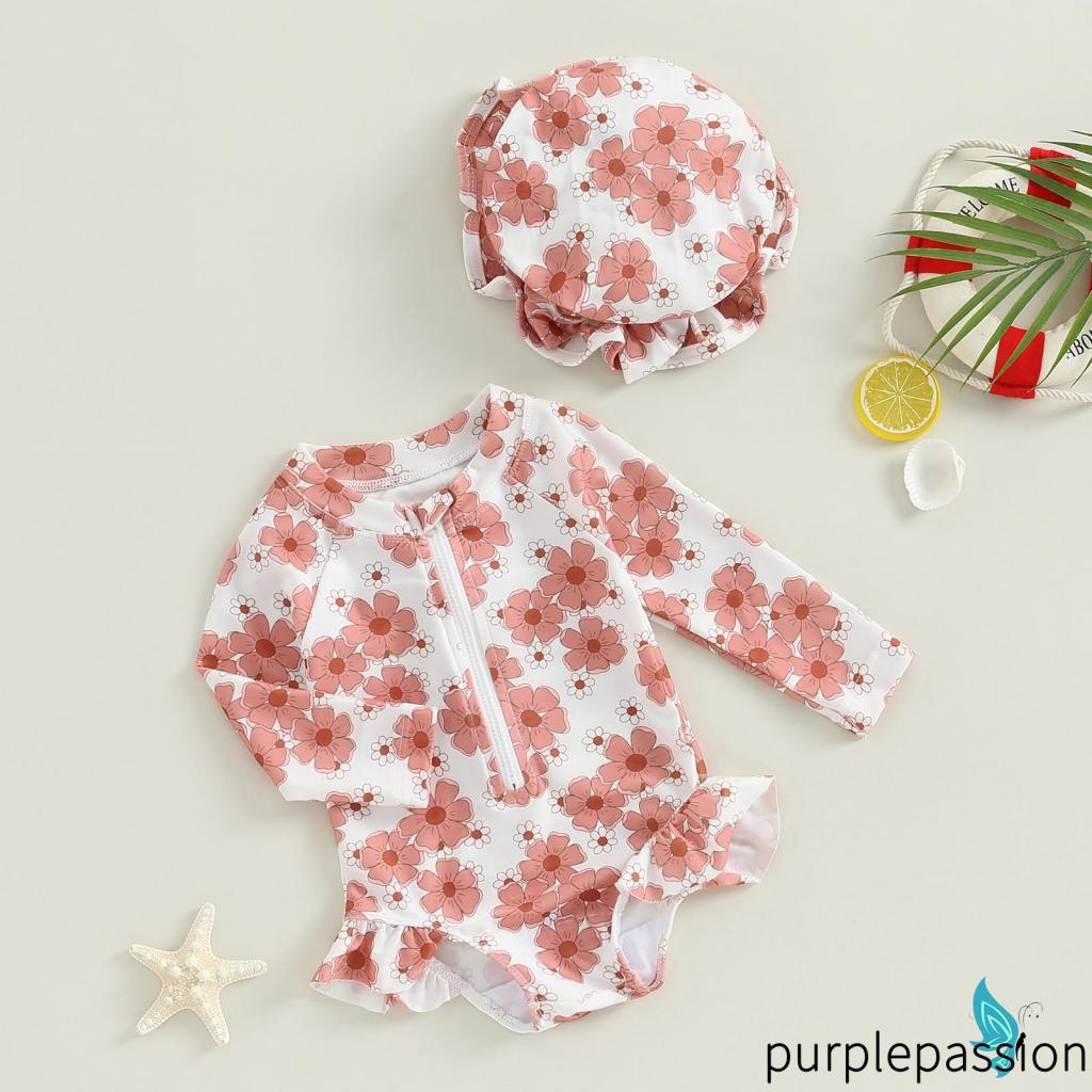 PURPLEPASSIONBaby Girls Swimsuit Long Sleeve Flower Print Zipped